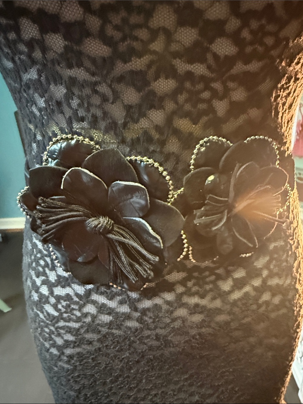 White House Black Market Black Floral Appliqué Waist Belt with Gold Bead Trim